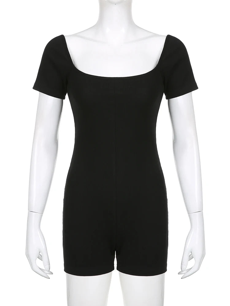 Cyflymder  Sporty Activewear Basic Solid Playsuits Sexy Slim Square Collar Short Sleeve Rompers Women Summer Fashion Streetwear