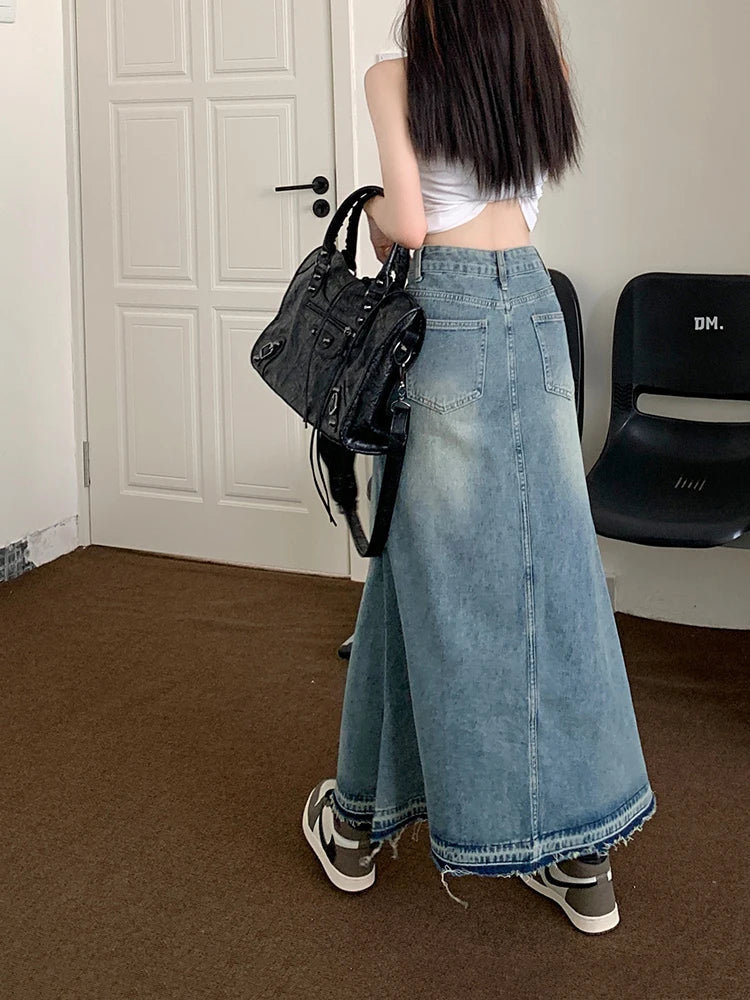 Cyflymder Y2k Raw Edge Stitch Maxi Denim Skirt Plain Casual High Waist Long Jeans Skirt Korean Dongdaemun Retro Women Streetwear