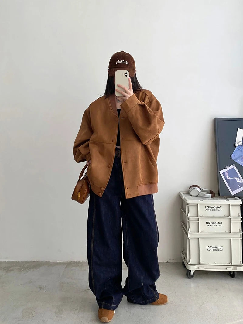 Cyflymder  American Y2K Jackets Women Streetwear Loose Faux Suede Coat Vintage Long Sleeve Harajuku Bf Oversize Hip Hop Outwear New