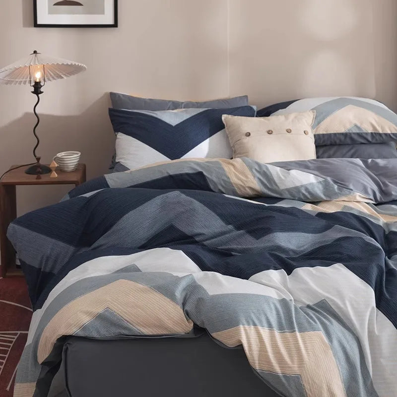 Cyflymder  Simple Nordic Pure Cotton Striped Bedding Set Naked Sleeping Comfortable Duvet Cover Set Fitted Sheet Kit for Single and Double
