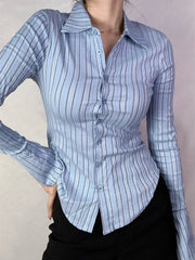 Cyflymder  College Sle Striped Long Sve Age-Defng irt Bell Sve Girl Student Feeling Fre ad irt Street