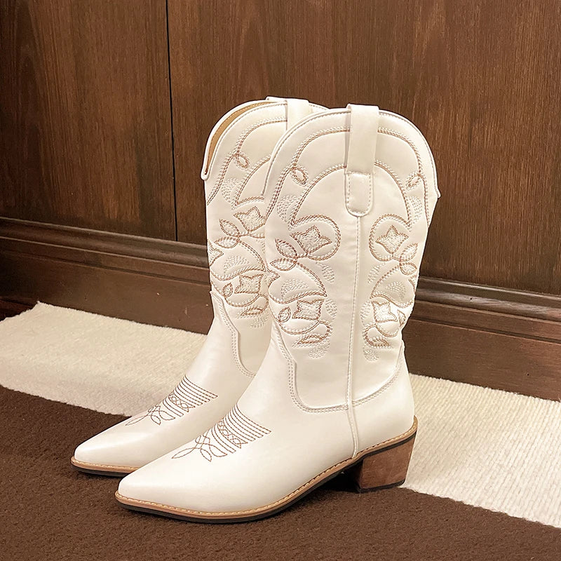 Cyflymder  Autumn Winter Vintage Women Western Cowboy Boots Fashion Slip On Thick Heel Shoes Embroidery Knight Mid Calf Botas