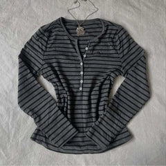 Cyflymder  Fashionable American retro Y2K trend black and grey striped new design original streetwear V-neck long-sleeved t-shirt emo