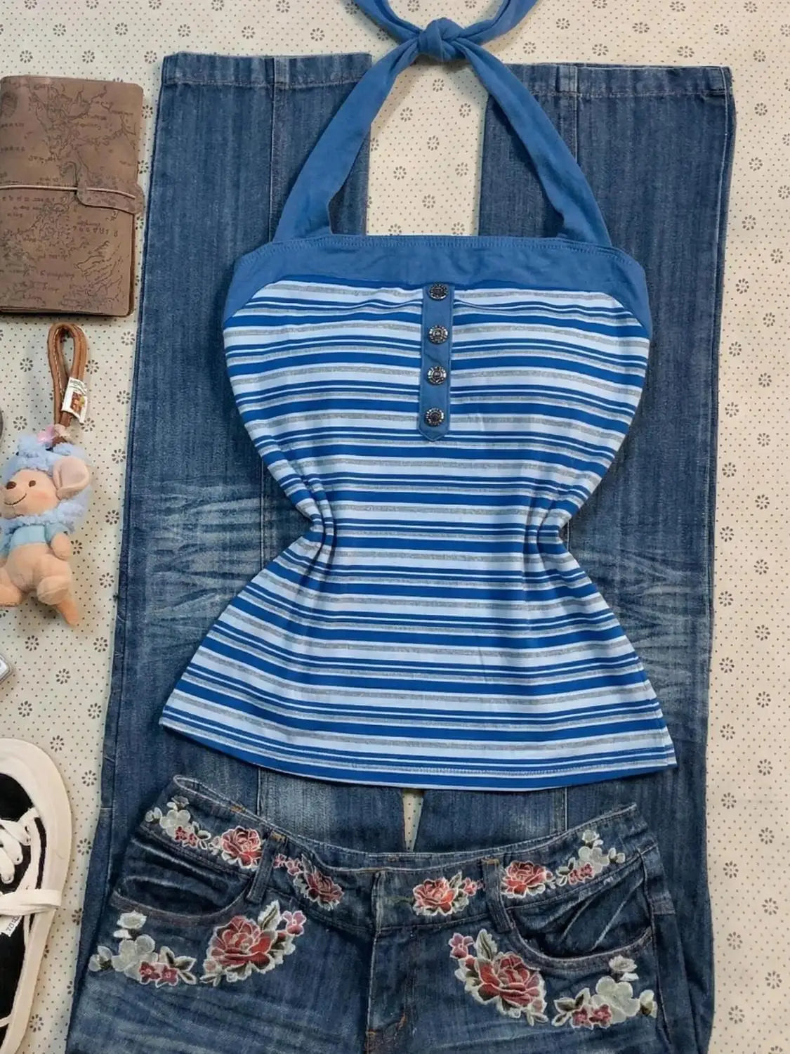 Cyflymder  Summer Sling T-shirt Y2k Crop Top Goth Punk Vintage Stripe Halter Sexy Woman Clothes Vest American Harajuku 2000s Tank Top Chic