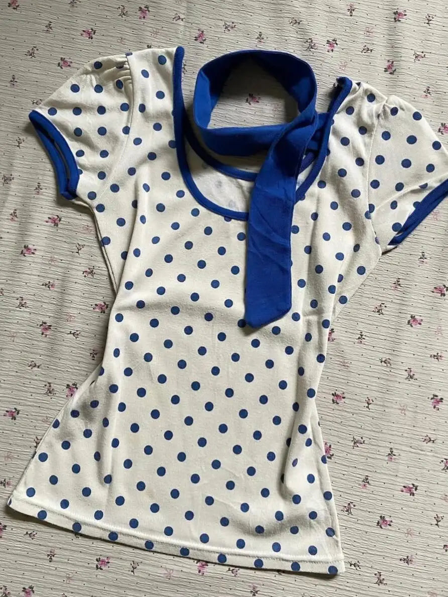 Cyflymder  Vintage Polka Dot T-shirt Y2k 2000s Slim Crop Top Woman Clothes Punk Hot Sweet O-Neck Aesthetics Harajuku Elegant Summer Fashion