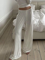 Cyflymder  White Women's Casual Loose Straight Leg Sweatpants Full Length Homewear Pants with Shirring Basic All-Match Trousers