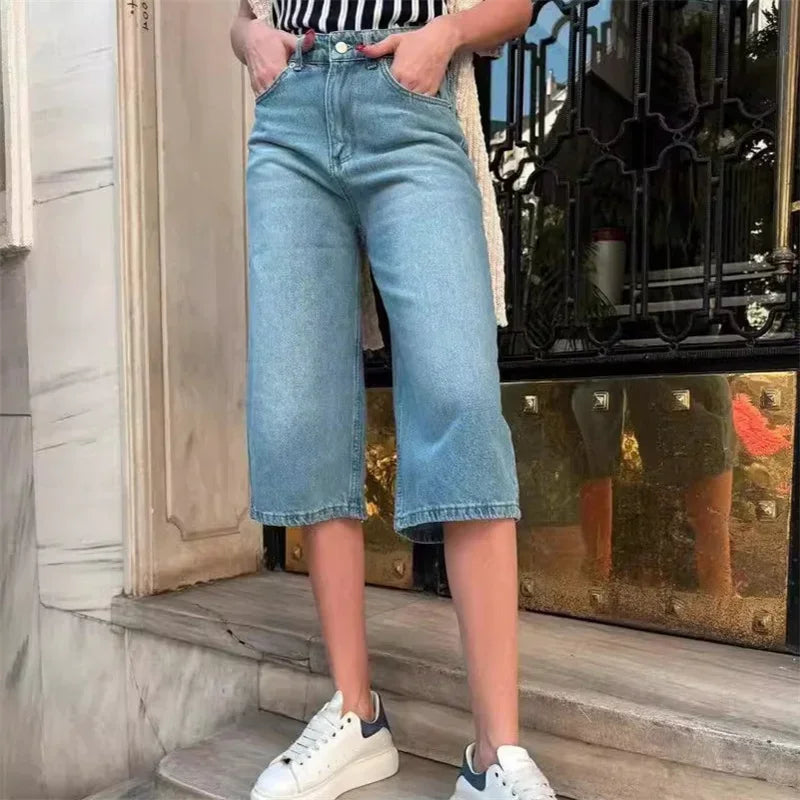 Cyflymder  Vintage Casual Mid-length Jeans Women Summer Straight Seven-quarter Pants Female Trend Streetwear Washed Denim Mid Trousers