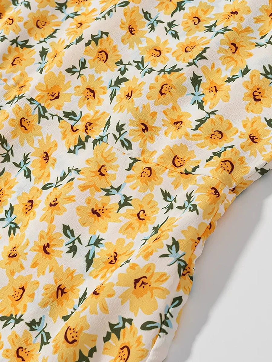 Cyflymder  French Pastoral Style Printed Dress for Women O Neck Short Sleeve Spliced Lace Up Slimming Short Dresses Female New