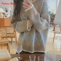 Cyflymder comfy outfits winter Winter Argyle Loose Knitted Sweater Pullovers Sweater Korean College Style Women Jumper