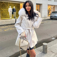 Cyflymder  Female Fur Feather Hoodie Overcoat Lace-Up Pocket Lapel Long Sleeve Loose Cardigan jacket Winter Warm Faux Fur Outwear