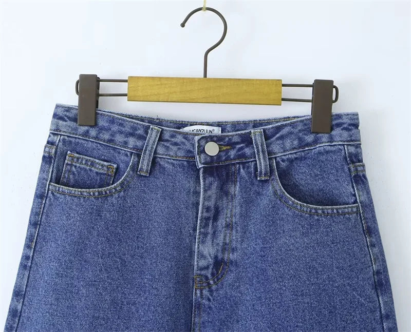 Cyflymder  High Waist Straight Leg Blue Waed Denim orts High Quali Wide Leg Five orts American Retro Deep Blue Jeans orts