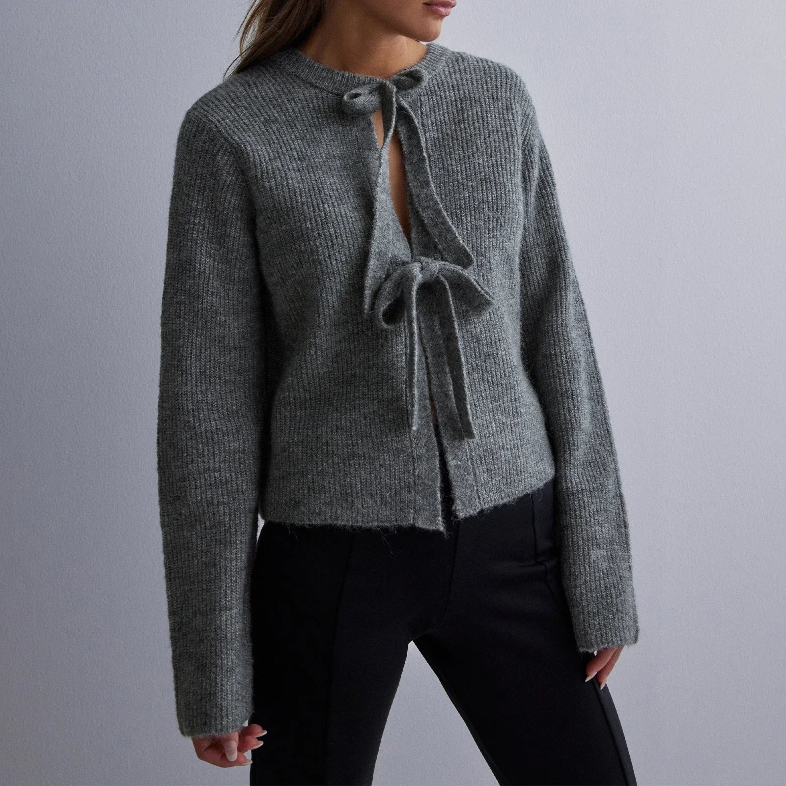 Cyflymder  Tie Front Cropped Cardigan Sweaters for Women Crew Neck Long Sleeve Knit Bow Tie Trendy Sweater Tops Winter Fall Streetwear