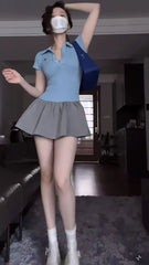 Cyflymder  Preppy Style Polo-neck Patchwork Dress for Women's Summer Slim Fit Short-sleeved A-line Short Dress Female Clothes