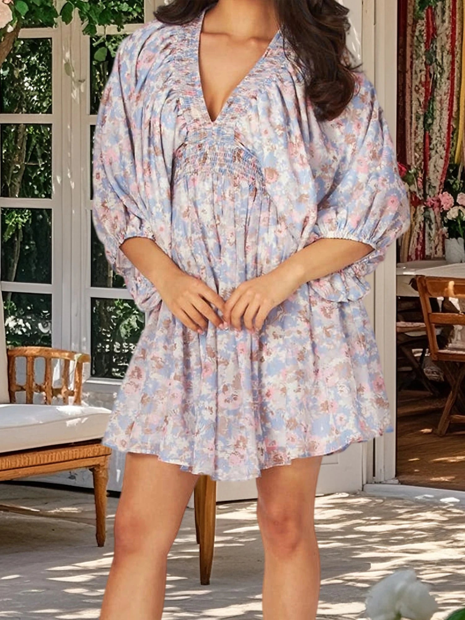 Cyflymder  Elegant Floral Print Midi Dress with Long Sleeves and Deep V Neckline Perfect for Fall Parties and Events