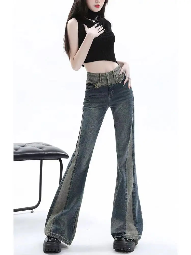 Cyflymder American High Street Spicy Girls Low Waist Jeans Women Autumn Vintage Y2k Design Sense Slim Fit Straight Tube Micro Flare Pants