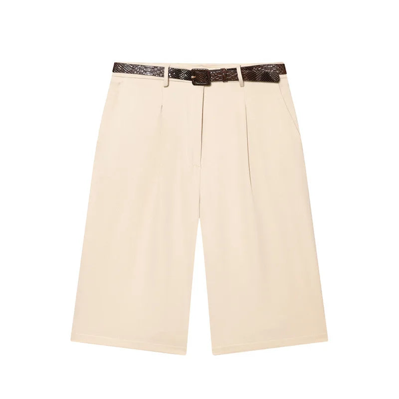 Cyflymder   Women Vintage Shorts Summer Casual Loose Belt Splice High Waist Short Pants Street Fashion Office Commute Trousers