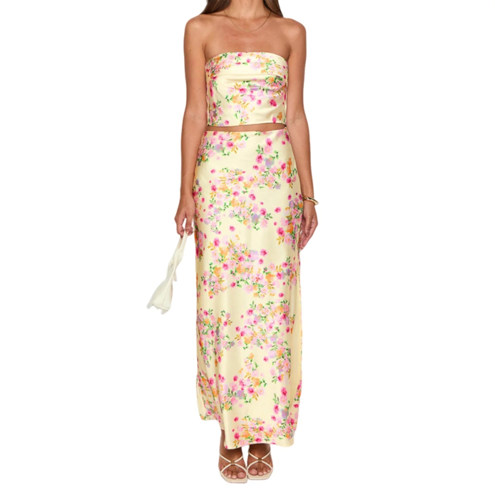 Cyflymder  Elegant Floral Print Off-Shoulder Top and High Slit Maxi Skirt Set for Women s Summer Fashion Look