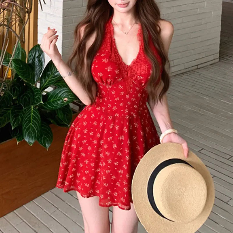 Cyflymder  Red Broken Flowers Lace Halter Mini Dress Summer Fashionable Backless Women's Clothing Sleeveless Hotsweet Waist A-Line Dresses