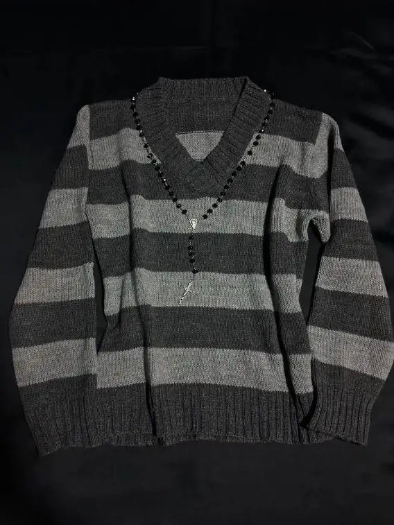 Cyflymder  Women's Y2K check V-neck knitted sweater with long sleeves featuring retro mood style high street gothic aesthetic casual wear