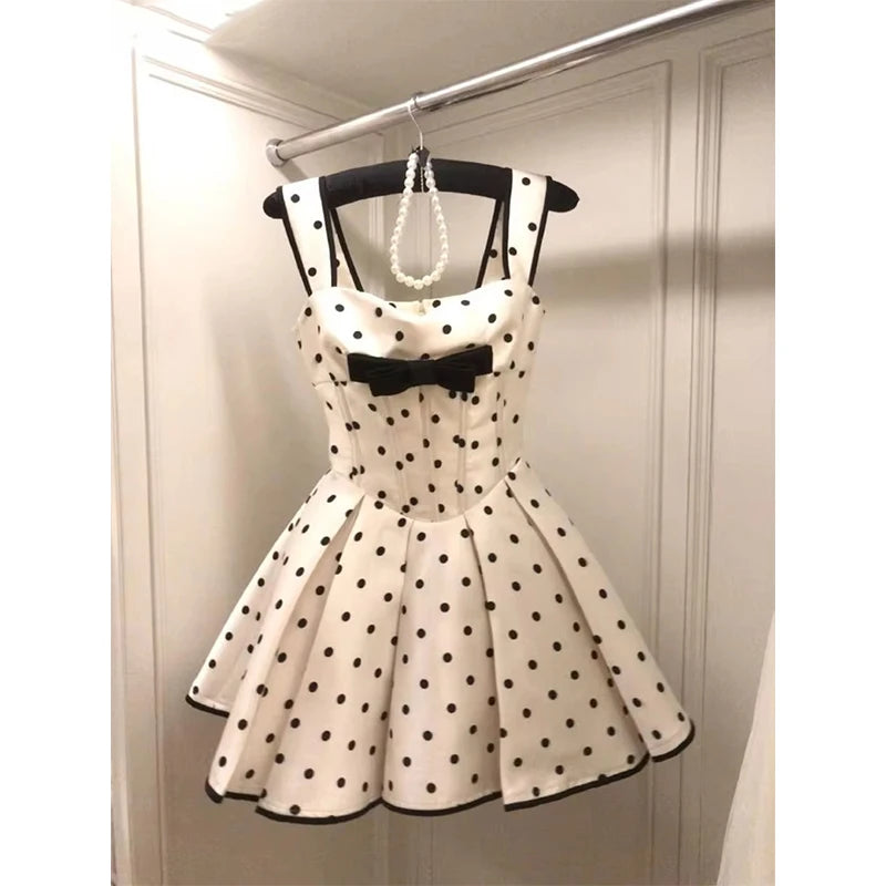 Cyflymder  Elegant Polka Dots Mini Dress Women Party Bow Straps Pleated Dresses Summer Fashion Korean Fairy Cute Bodycon A Line Vestidos