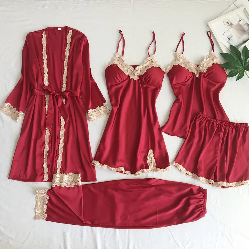 Cyflymder  Sexy Silk Nightgown Batobe Sexy Pure Appetite Women's Summer Long Sve Floral Print V-cut Slip Five Pcs Spwear Set