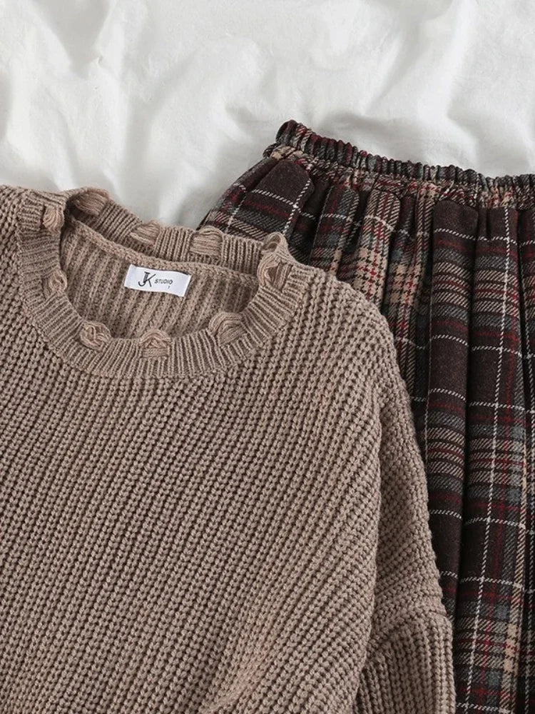 Cyflymder Preppy Vintage Sweater Two-piece Set Women's Loose Knit Pullover Autumn High Waist Coffee Plaid Skirt Gentle Girly Single Piece