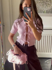 Cyflymder  Chic Bow Knitted Short Texture Top Women Fashion Turn Down Collar Hollow Cardigan Knitwear Summer 2025 New Short-sleeved Tops