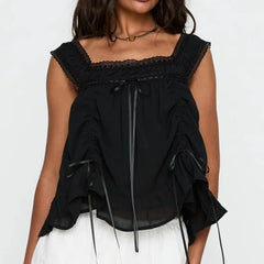 Cyflymder  Women Lace Trim Ruffle Crop Tank Top Drawstring Ruch Frilly Square Neck Vest Beach Vacation Flowy Peplum Babydoll Cami Y2k Top