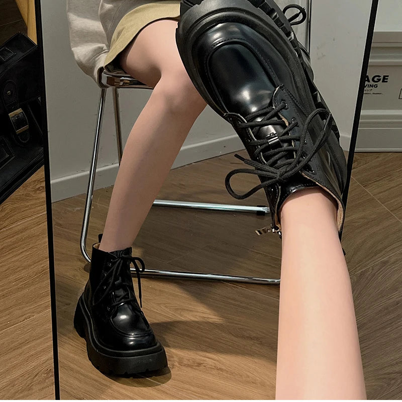 Cyflymder  Platform Thick Bottom Warm Short Plush Women Motorcycle Boots Fashion Lace Up Shoes Autumn Winter Female Short Booties