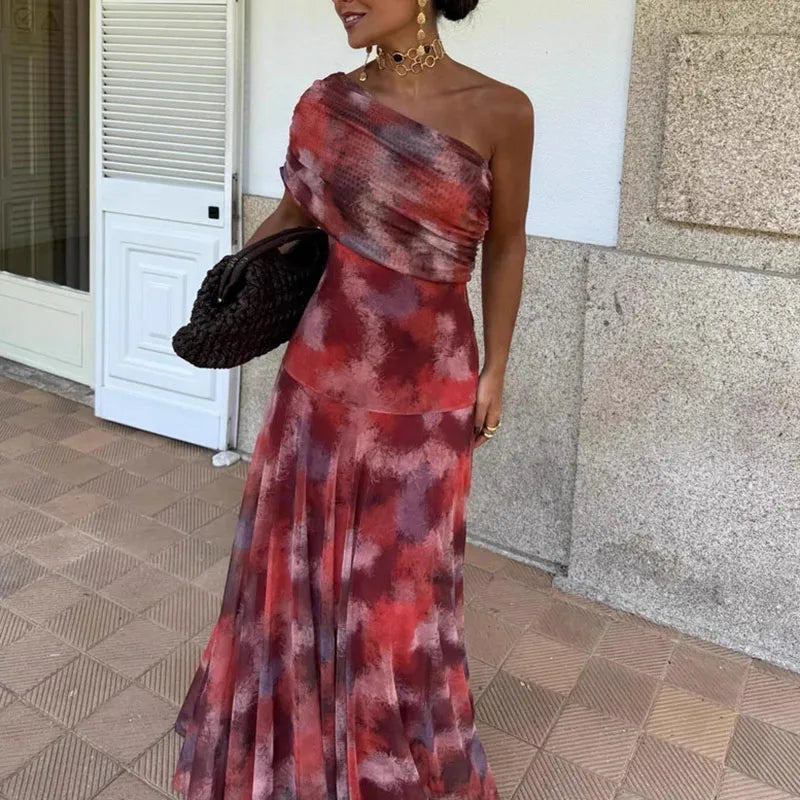 Cyflymder  Sexy Skew Collar Draped Swing Long Dress Woman Elegant Print Pleated Party Dress Summer Backless Hollow Out Maxi Dresses Vestido