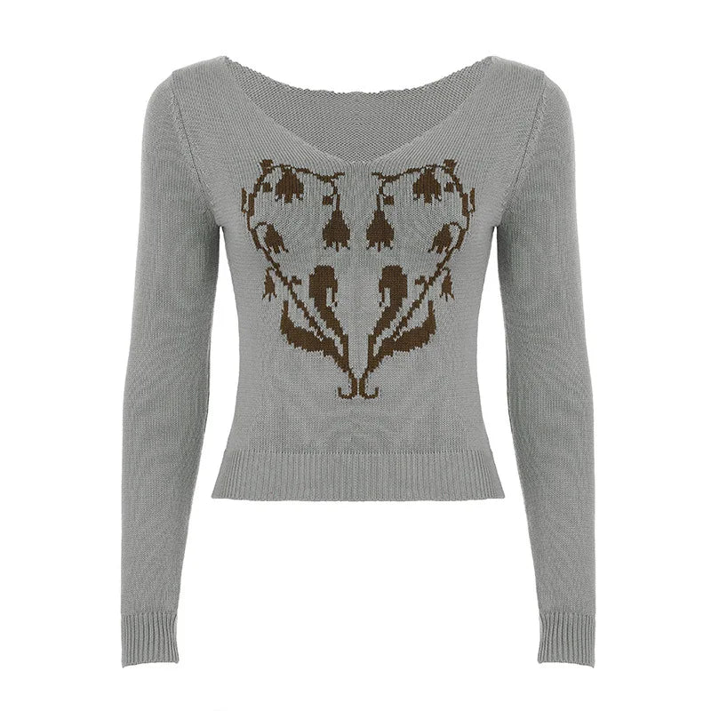 Cyflymder  Personality Chic Big V Neck Long Sleeve Sweaters American Temperament Print Autumn Knitted Clothes Y2k High End Basic Pullovers