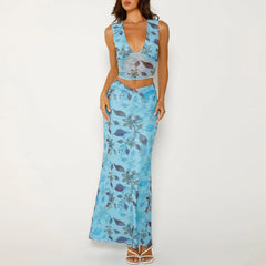 Cyflymder  Vintage Women's Summer 2Pcs Outfits Floral Print V-Neck Slim Tank Tops + High Waist Long Skirt Set Holiday Party Clothes