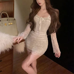 Cyflymder  Hotsweet Lace Bag Hip Mini Dress Spring Autumn New Square Collar Women's Clothing Slim Waist Fashion Spliced Elegant Bow Dresses