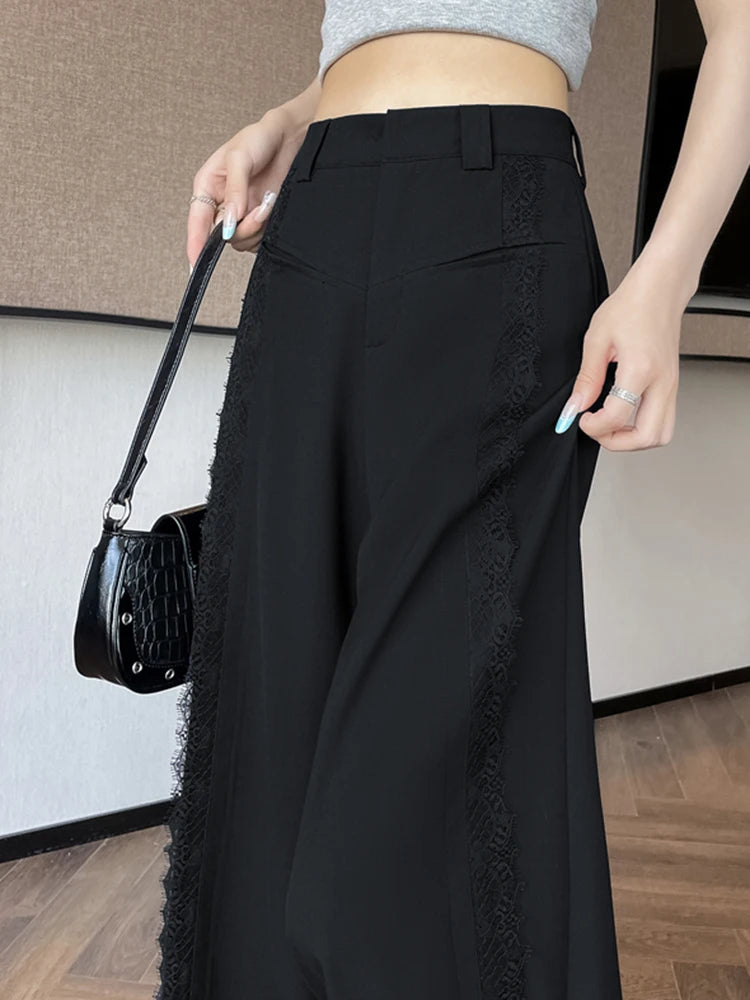 Cyflymder  Lace Patchwork Suit Wide Leg Pant Women Elegant Sweet Loose High Waist Trousers Korean Fashion Casual Lady Ice Silk Pants
