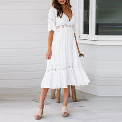 Cyflymder  Summer White Dresses Women Flower Hollow Out High Waist Lace Long Dress For Wedding Elegant Deep V-Neck Short Sleeve Party Dress