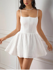 Cyflymder  Women's Adjustable Strap Backless Jacquard Mini Dress Double Layer Fishbone Ruched Fashion Casual Holiday Short Dresses