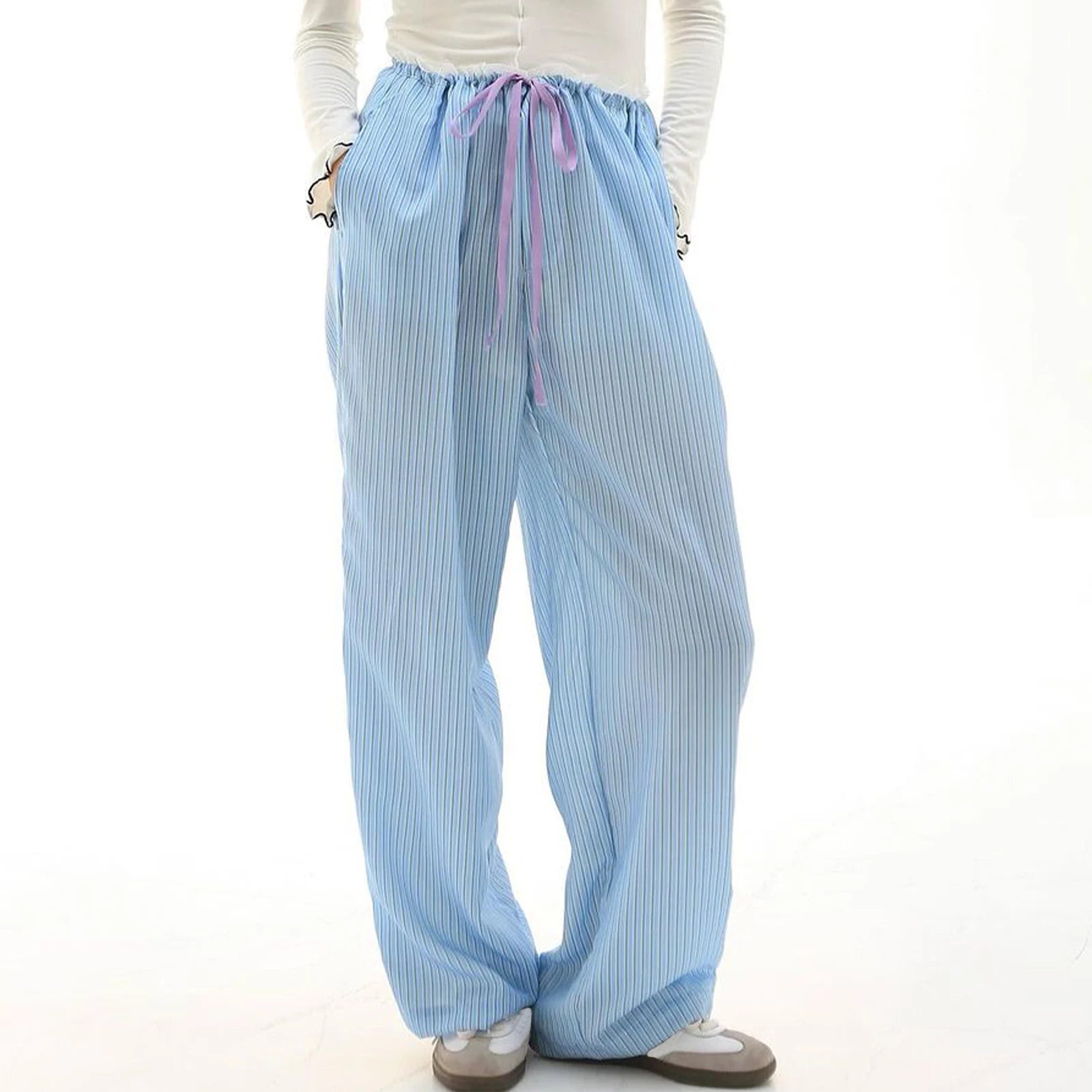 Cyflymder  Women Loose Pants Stripe Print Drawstring Elastic Waist Trousers Spring Summer Casual Sweatpants Streetwear