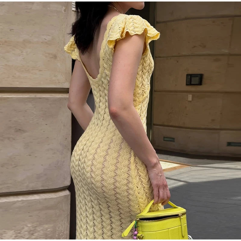 Cyflymder  Chic V-Neck Knitted Lace Long Dress Woman Hollowed Out Short Sleeves Slim Robes Solid Color Casual Elegant Women's Long Dresses