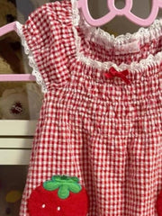 Cyflymder   Cute Strawberry Plaid Crop Tops Women Sweet Kawaii Puff Sleeve Lace Bow Blouse New Japanese Style Strawberry Fairy Shirt