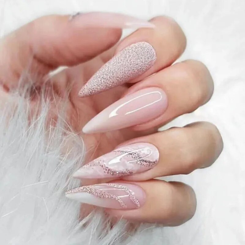 Cyflymder 24Pcs Long Stiletto Fake Nail Pink Marble Design Wearable French Almond False Nails Full Cover Press on Nails DIY Stick on Nails