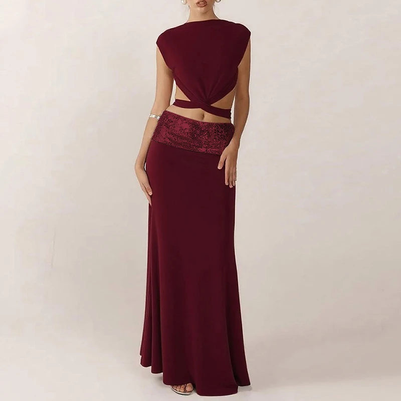 Cyflymder  Elegant Shiny Splicing Slim Suit Fashion O-neck Cross Hollow Tops & Long Skirt Set Women Casual Sleeveless Solid 2 Piece Outfits