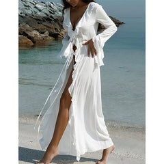 Cyflymder   Vintage Ruffled V Neck Beach Cover Up Women Casual Solid Flare Sleeve Bikini Cover Up New Vacation Lady Sunscreen Beachwear