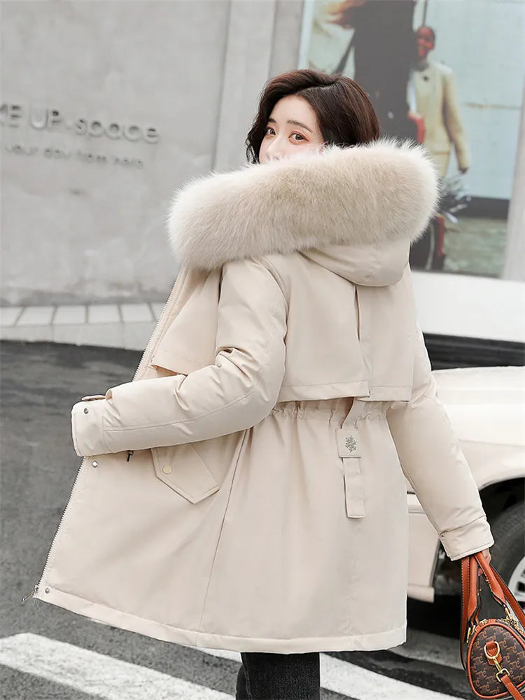 Cyflymder Winter Coat Low Price On Sale Women Beige Add Wool Thick Warmth Fur Hooded Parkas Jacket New Fashion Belt Slim Cotton Coat