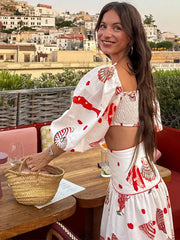Cyflymder  Off Shoulder Puff Short Sleeve Printed Top Cropped High Waist Long Skirt Summer Vacation Women Top Trendy Chic Lady Blouse