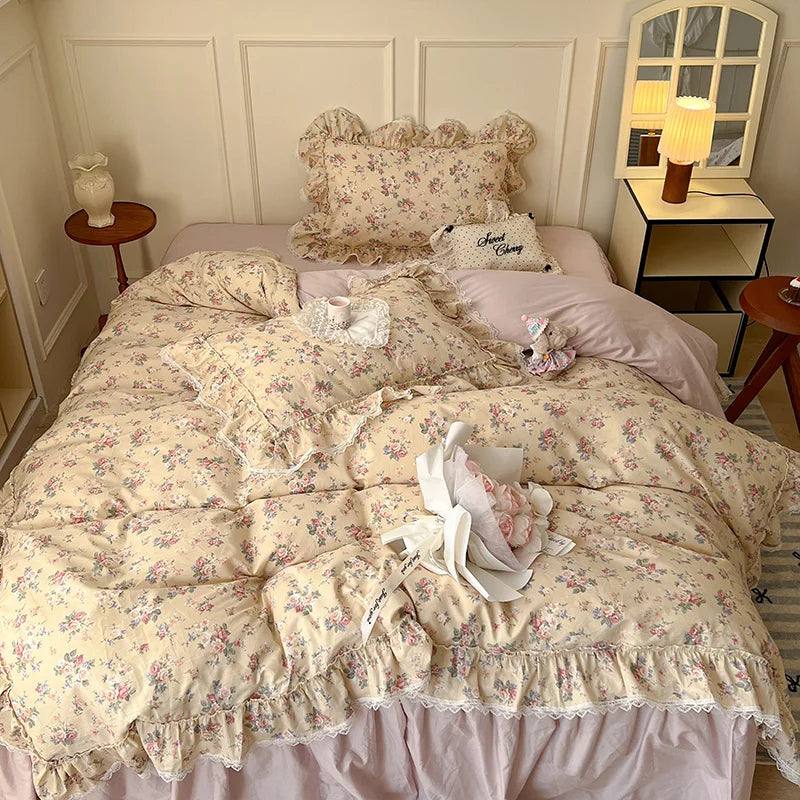 Cyflymder  Korean Princess Style Ruffles Flower Print Bedding Set Duvet Cover Set Bed Skirt Bedspread Pillowcases 100% Cotton Home Textile