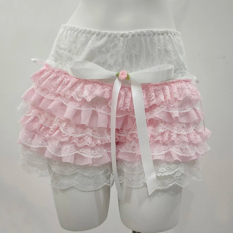 Cyflymder  Aesthetic Y2K Lace Shorts Womens Harajuku Lolita Fairytale Pink Bow Cute Elastic Waist Multilayer Bottoming Shorts Sweet Girls