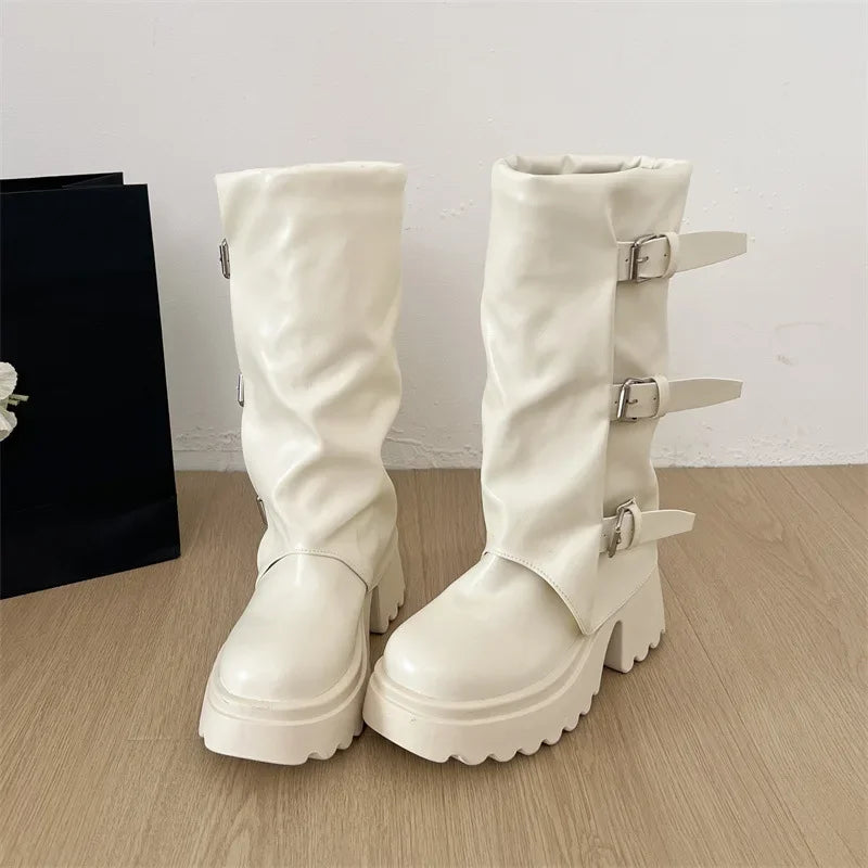 Cyflymder  Punk Style Women Knee-High Boots Square High Heels Shoes Female Belt Buckle Long Booties Autumn Winter Zapatos De Mujer