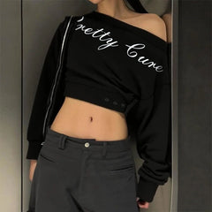 Cyflymder  Fashion Contrasting Irregular Diagonal Collar Full-sleeved Off Shoulder Letter Print Casual Loose Pullover Tops Hottie Wear
