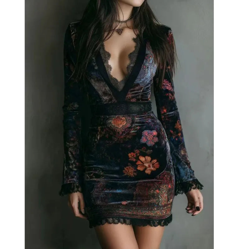 Cyflymder  Spring Autumn Winter Dress Women Long Sleeve V-Neck Flower Printing Sexy Elegant Evening Party Skinny Stretch Mini Bodycon