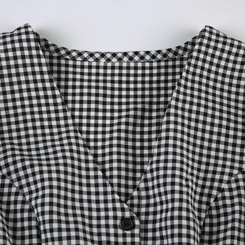 Cyflymder  Casual Slim Plaid A-Line Dress Elegant Fashion Basic Deep V-Neck Short Sleeve Ruffles Mini Dresses For Women 2025 Summer